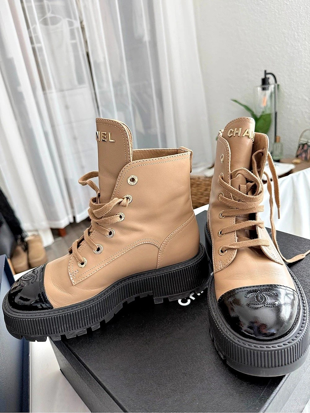 Chanel Calfskin & Patent Calfskin Combat Boots Beige & Black Brown & Black EU 38 - Picture 2 of 3